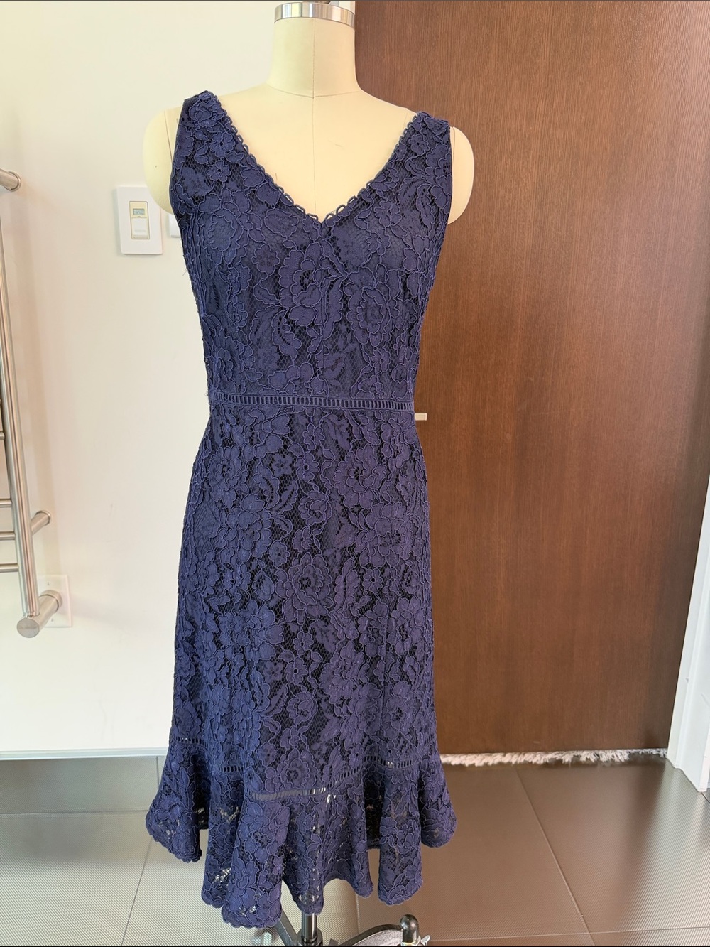 Draper James Navy Lace V-Neck Midi with Flounced Hem